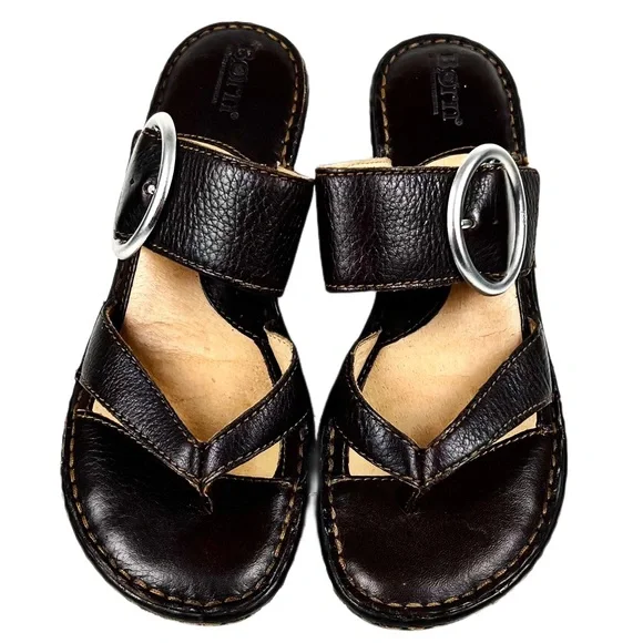 Born Dark Brown Leather Thong Wedge Sandal Size 8 - Picture 2 of 7